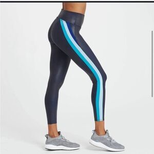 Spanx Faux Leather Track Stripe 7/8 Leggings Navy Womens Size M